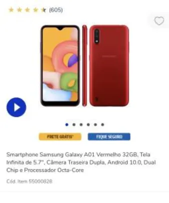Smartphone Samsung Galaxy A01 Vermelho 32GB | R$599