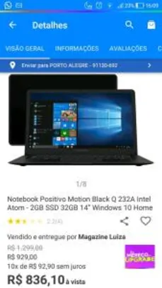 Notebook Positivo Motion Black Q 232A Intel Atom - 2GB SSD 32GB - R$836