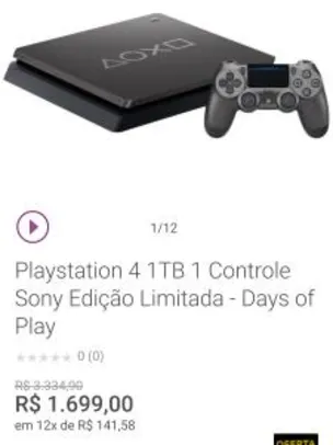 Playstation 4 1TB 1 Controle Sony Edição Limitada - Days of Play - R$1699