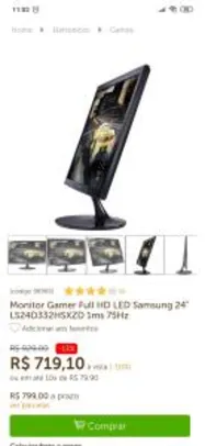 Monitor Gamer Full HD LED Samsung 24" LS24D332HSXZD | R$719