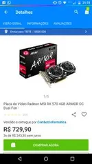 Placa de Vídeo Radeon MSI RX 570 4GB ARMOR OC Dual Fan - R$730