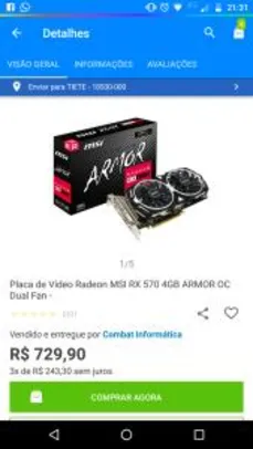 Placa de Vídeo Radeon MSI RX 570 4GB ARMOR OC Dual Fan - R$730