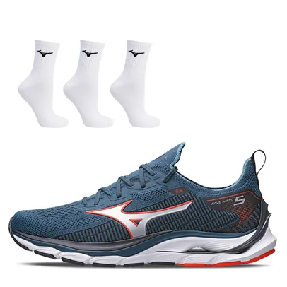 Kit Tênis Masculino Wave Mirai 5 com Kit 3 Pares de Meia Cano Médio Mizuno Basic Azul