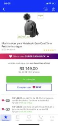 [AME R$45] Mochila Acer Notebook Gray Dual Tone Resistente a água R$149