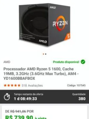 Processador 1600AF Amd Ryzen 5 | R$ 740
