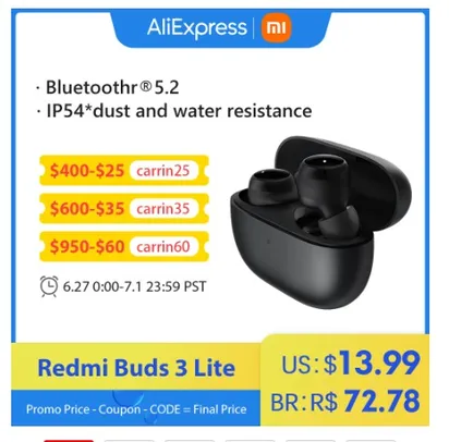 Versão global Xiaomi Redmi buds 3 lite fones de ouvido sem fio 