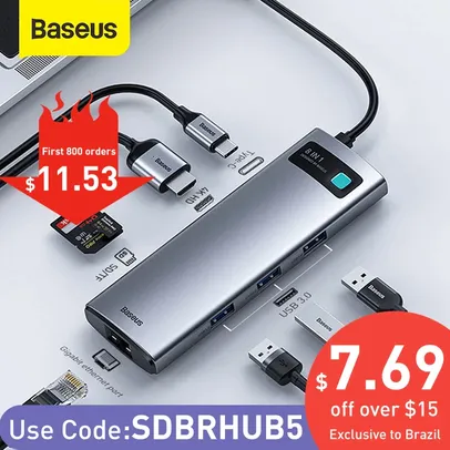 HUB USB tipo C 8-in-1 HDMI SD TF Baseus | R$120