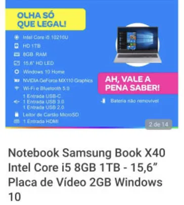 [CLIENTE OURO] Notebook Samsung Book X40 Intel Core i5 8GB 1TB - 15,6” | R$3.383