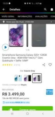 Smartphone Samsung Galaxy S20+ 128GB Cosmic Gray - 8GB RAM | R$ 3499