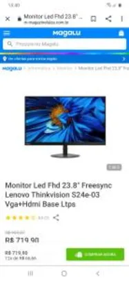 Monitor Led Fhd 23.8" Freesync Lenovo Thinkvision S24e-03 Vga+Hdmi Base Ltps | R$720