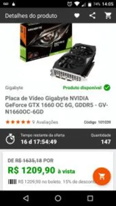 Placa de Vídeo Gigabyte NVIDIA GeForce GTX 1660 OC 6G | R$1089