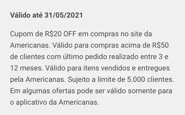 R$20 OFF PARA COMPRAS ACIMA DE R$50 NA AMERICANAS