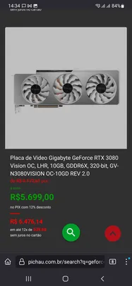 Placa de Video Gigabyte GeForce RTX 3080 Vision OC, LHR, 10GB, GDDR6X, 320-bit, GV-N3080VISION OC-10