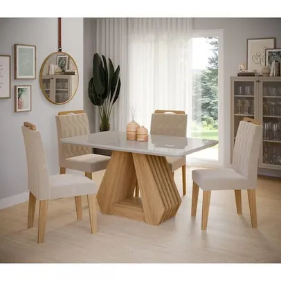 Conjunto Sala de Jantar Mesa Tampo de Vidro/MDF Agata e 4 Cadeiras Paola Cimol Nature/Off White/Nude