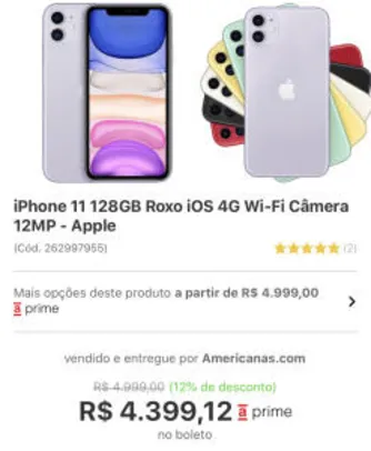 [CC AMERICANAS + AME R$3.609] iPhone 11 128GB Câmera 12MP | R$4.511