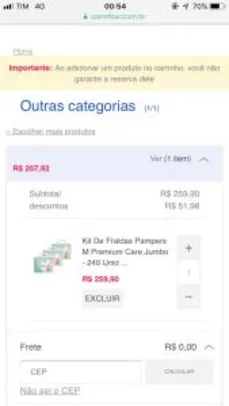 Kit de Fraldas Pampers M Premium Care Jumbo - 240 Unidades - R$208