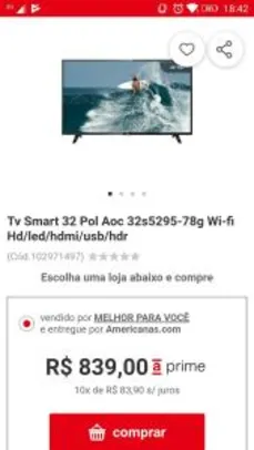 Smart TV Led AOC 32" HD Xmart HDR Wi-Fi Entrada HDMI USB 32S5295/78G | R$705