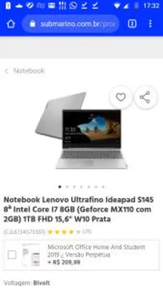 Notebook Lenovo Ultrafino Ideapad S145 8ª Intel Core I7 8GB (Geforce MX110 com 2GB) 1TB FHD 15,6" W10 Prata - R$2428