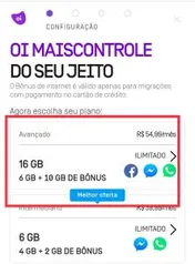 Nova oferta Oi Controle, 16GB por 55 reais