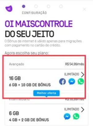 Nova oferta Oi Controle, 16GB por 55 reais