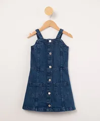 vestido infantil jeans com bolsos e botões azul escuro