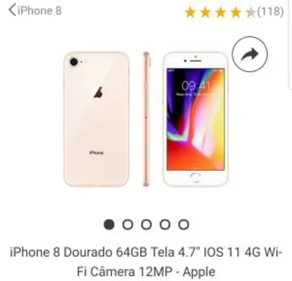 iPhone 8 Dourado 64GB Tela 4.7" IOS 11 4G Wi-Fi Câmera 12MP - Apple - R$2991