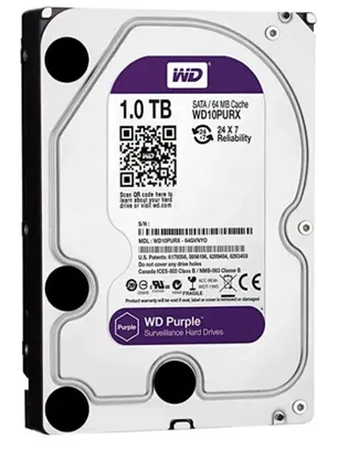 HD WD PURPLE 1TB, 7200 RPM, SATA III 6GB/S, CACHE 64MB, WD10PURX (Próprio p/ DVR e NVR)