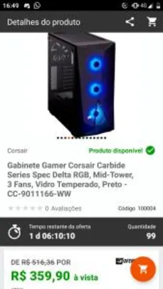 Gabinete Gamer Corsair Carbide Series Spec Delta RGB, Mid-Tower, 3 Fans, Vidro Temperado, Preto | R$360