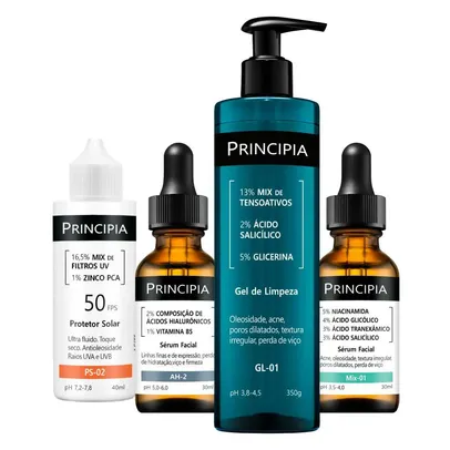 Kit Principia Anti-Acne (4 produtos) - Gel De Limpeza Gl-01 350g + Sérum Ácidos Hialurônicos 30ml + Sérum Mix-01 30ml + Protetor Solar com Zinco 40ml