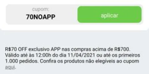 R$70 reais OFF acima de R$700 no APP Submarino