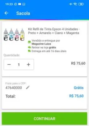 Kit Refil de Tinta Epson 4 Unidades - Preto + Amarelo + Ciano + Magenta - R$76