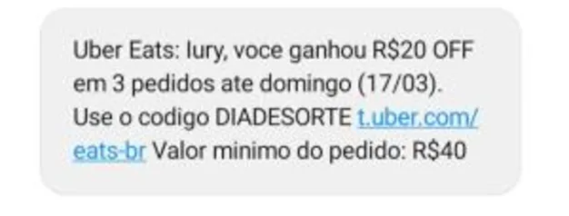 [Usuários selecionados] R$20 OFF para 3 pedidos até domingo (17/03) no Uber Eats