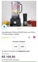 Liquidificador Philco PH900 Preto com Filtro - 12 Velocidades 1200W - R$110