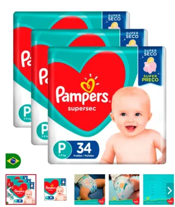 Kit 3 Fraldas Pampers Supersec Pacotão Econômico P - 102 Tiras