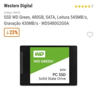 SSD WD Green, 480GB, SATA, Leitura 545MB/s, Gravação 430MB/s - WDS480G2G0A R$299