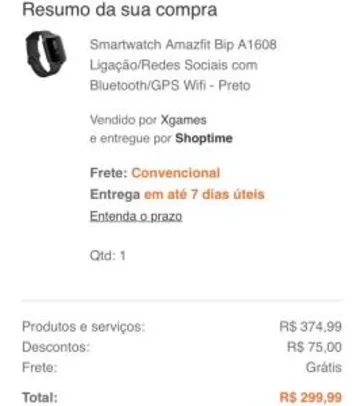 [APP SHOPTIME] Smartwatch Xiaomi Amazfit Bip A1608 Ligação/Redes Sociais com Bluetooth/GPS Wifi - Preto | R$300