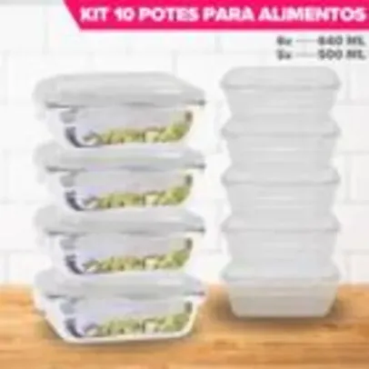 Conjunto 10 Potes 640ml Herméticos 4 Travas Marmita (5 vidro +5 Plástico) 