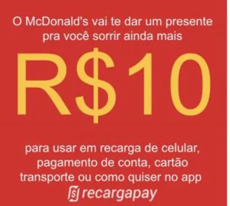 R$10 OFF no Recarga Pay via McDonald's