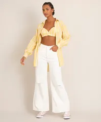 calça wide leg reta de sarja cintura super alta com rasgos off white