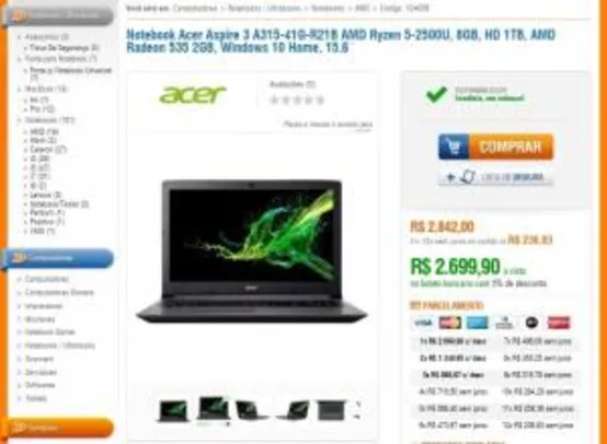 Notebook Acer Aspire 3 A315-41G-R21B 8GB, HD 1TB AMD Radeon 535 2GB | R$2.700