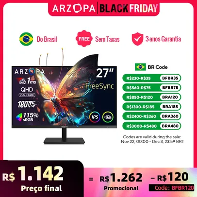 [produto no brasil] Novo ARZOPA 27 polegadas monitor gaming 180hz monitor QHD 2K Monitor para PC,2560*1400, IPS rápido, com Tipo-C, modo Samsung