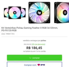 kit ventoinhas pichau gaming feather x rgb 3x120mm | R$186