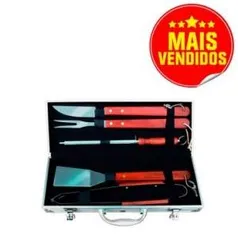 [Ricardo Eletro]  Kit Churrasco 6 peças em Aço Inox com cabo em Madeira (Espátula + Garfo + Faca + Pegador Pinça + Chaira Afiador) em maleta de alumínio - Fixxar por R$ 37