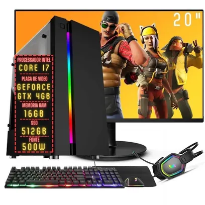 Foto do produto Pc Gamer Completo 3green FPS, Intel Core I7, 16GB RAM, Ssd 512GB, Placa De Vídeo GeForce Gtx 4GB, Monitor 20 , 75Hz, Fonte 500W - 3GF-038