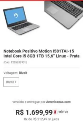 [R$1455 com AME] Notebook Positivo Motion I581TAI-15 Intel Core i5 8GB 1TB 15,6” Linux - Prata