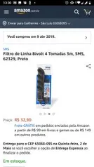 Filtro de Linha Bivolt 4 Tomadas 3m, SMS, 62329, Preto R$33