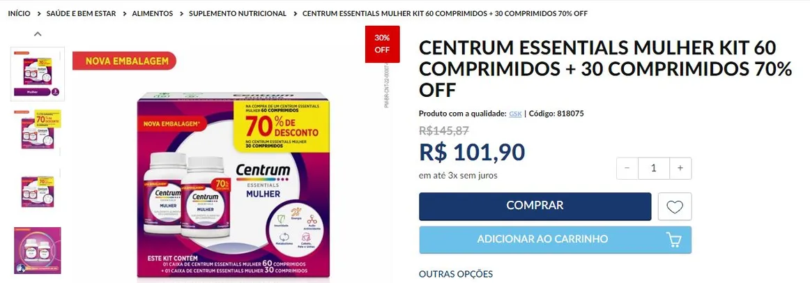 CENTRUM ESSENTIALS MULHER KIT 60 COMPRIMIDOS + 30 COMPRIMIDOS