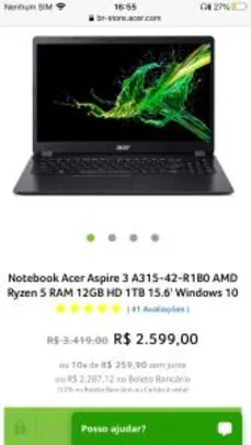 Notebook Acer Aspire 3 A315-42-R1B0 AMD Ryzen 5 RAM 12GB HD 1TB 15.6' W10 | R$2.287