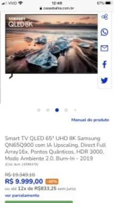 Smart TV QLED 65" UHD 8K Samsung QN65Q900 com IA Upscaling, Direct Full Array16x, Pontos Quânticos, HDR 3000, Modo Ambiente 2.0 | R$9999