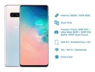 Samsung Galaxy S10 128GB Branco 4G - 8GB RAM Tela 6,1" Câm. Tripla + Selfie 10MP | R$3.799